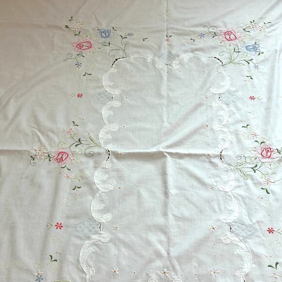 Vintage Embroidered Floral Linen Tablecloth with Scalloped Edges - Picture 6 of 14